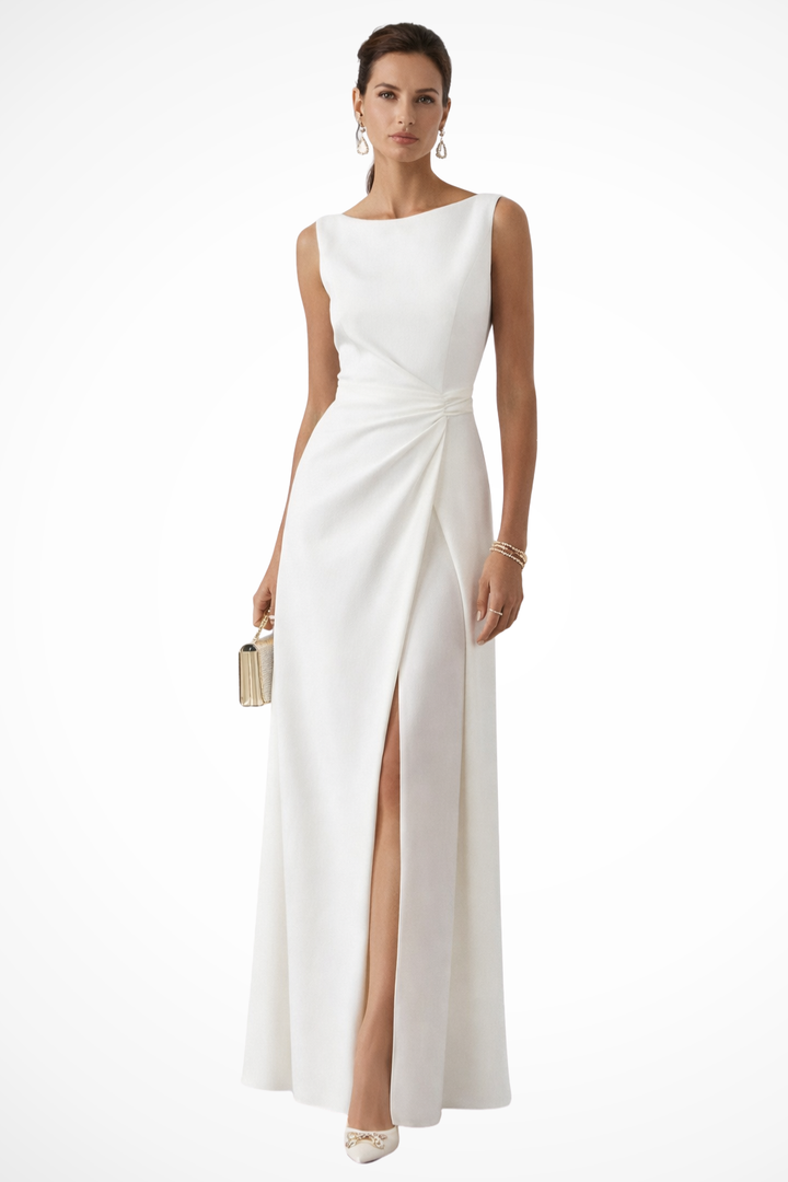 Boat Neck Draped Waist Wedding Guest Maxi Dress