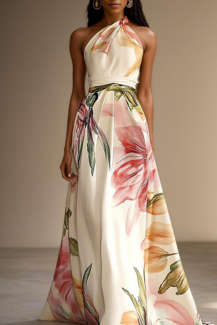 Floral Satin One-Shoulder Wedding Guest Maxi Dress