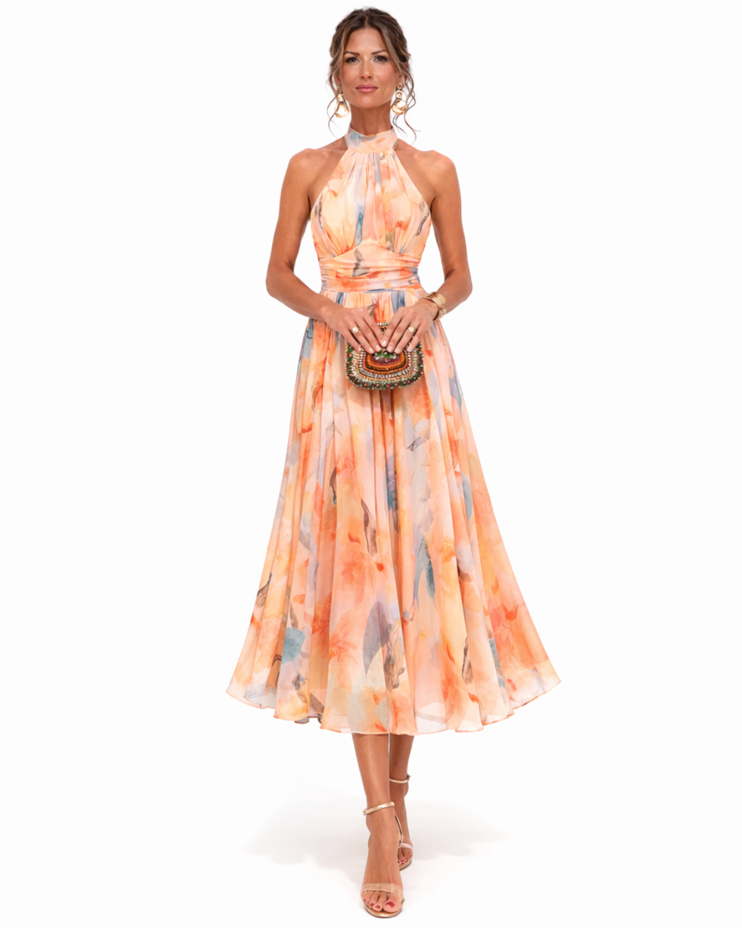 Watercolour Print Halter Neck Occasion Midi Dress