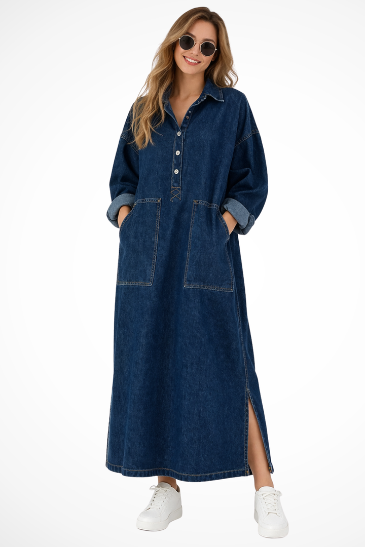Oversized Collared Denim Maxi Dress with Pockets