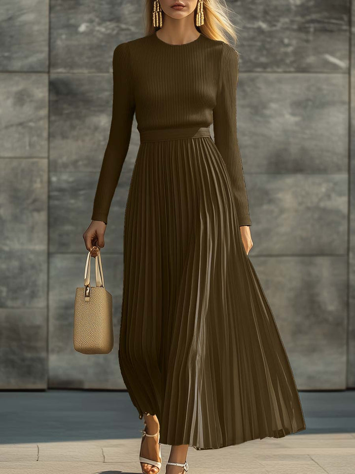 Cream Knit Maxi Dress – Long Sleeve, Pleated Hem