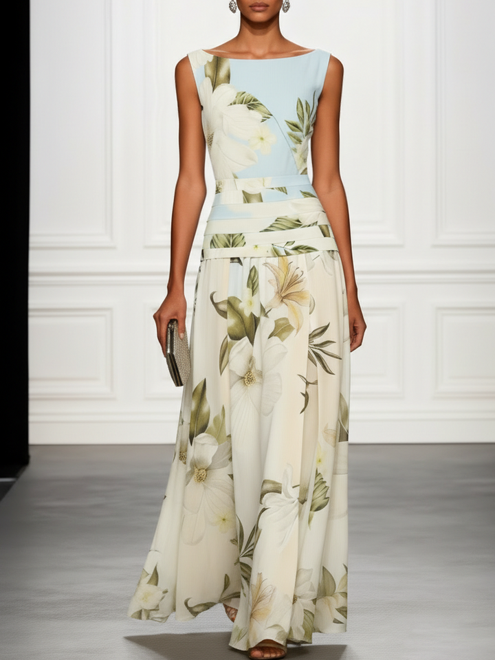 Floral Boat Neck Sleeveless Wedding Guest Maxi Dress