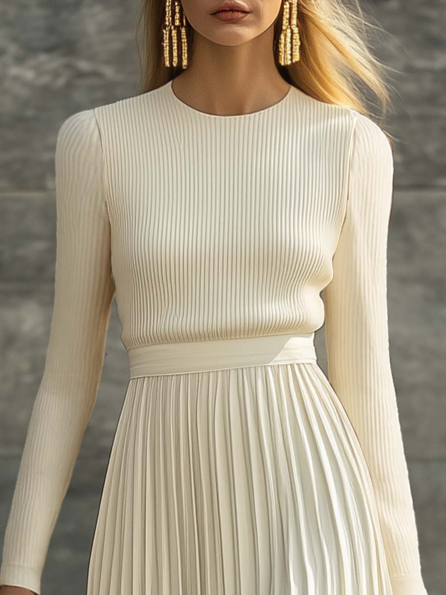 Cream Knit Maxi Dress – Long Sleeve, Pleated Hem