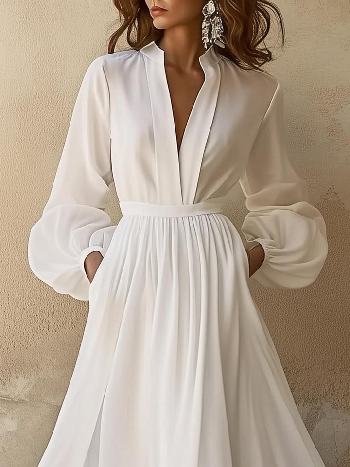 White Casual Vintage V-Neck Maxi Dress