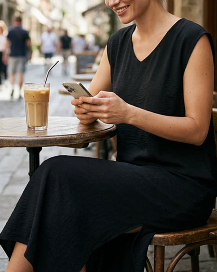 Solid Round Neck Short Sleeve Slit Loose Maxi Dress