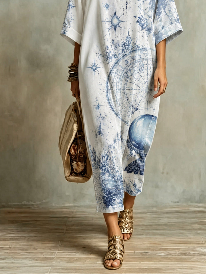 Vintage V-Neck Mid-Sleeve Star Print Maxi Dress