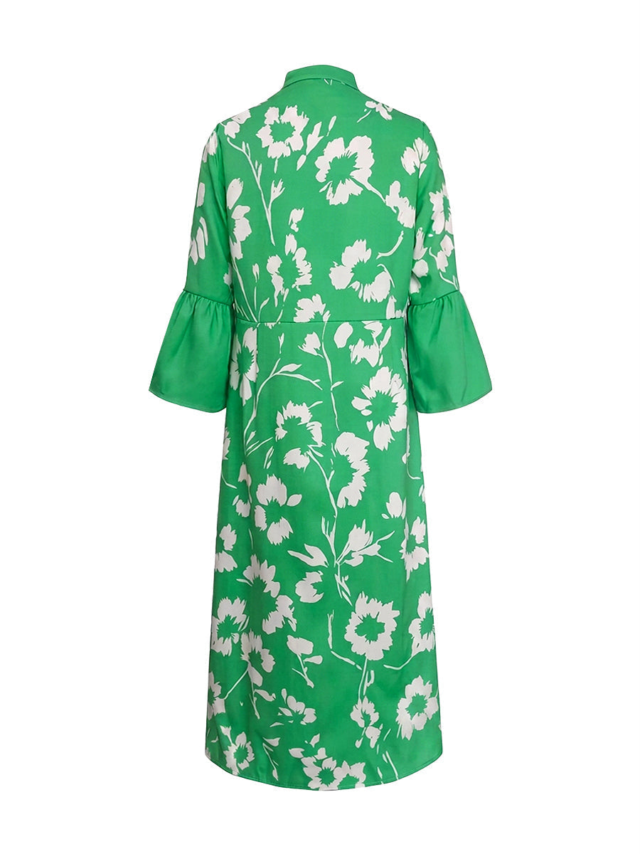 Floral Print Pleated Maxi Dress – Flared Sleeve V-Neck