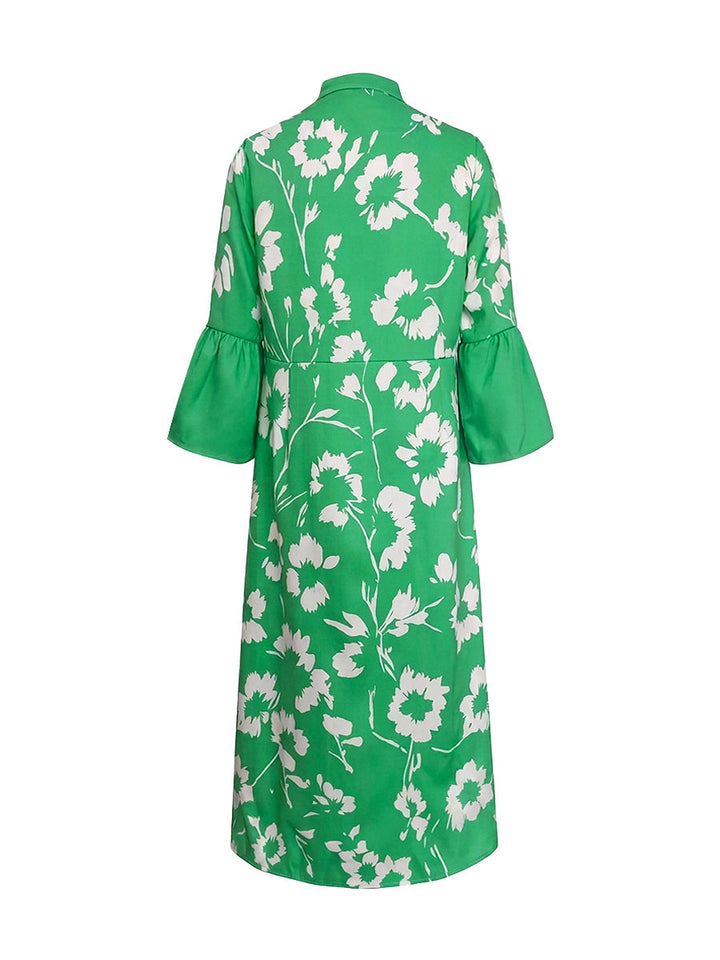 Floral Print Pleated Maxi Dress – Flared Sleeve V-Neck