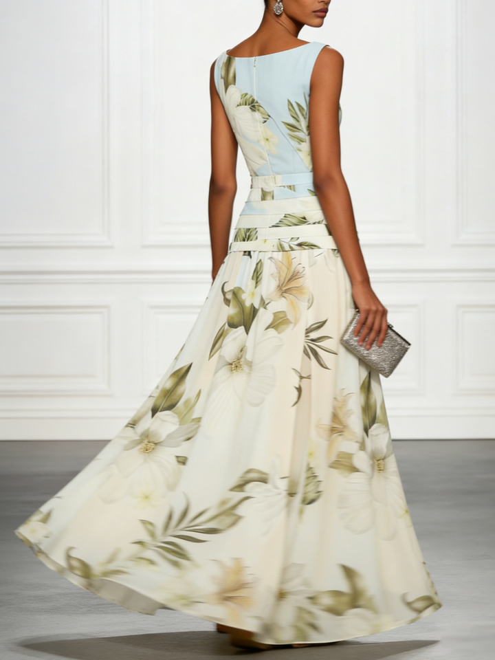 Floral Boat Neck Sleeveless Wedding Guest Maxi Dress