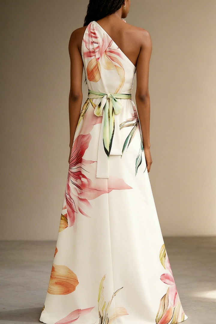 Floral Satin One-Shoulder Wedding Guest Maxi Dress