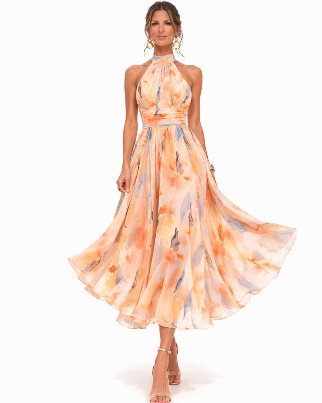 Watercolour Print Halter Neck Occasion Midi Dress