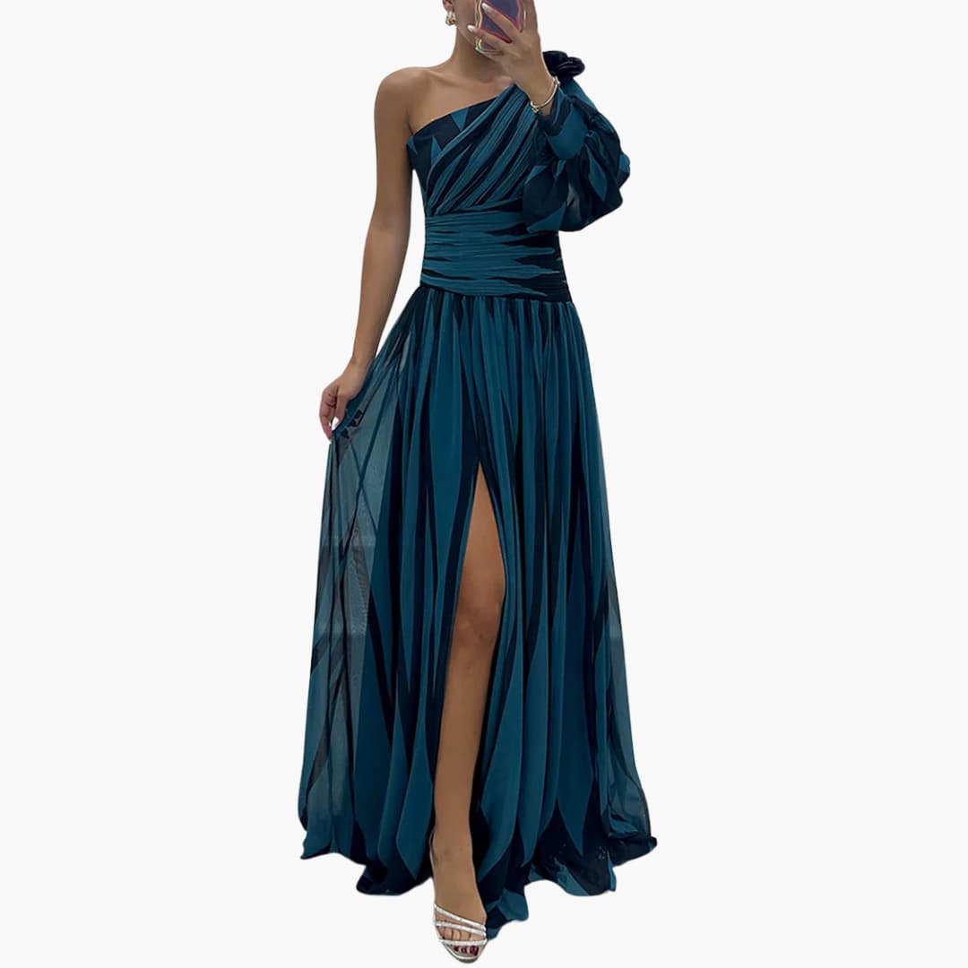 One-Shoulder Side Split Wedding Guest Maxi Dress