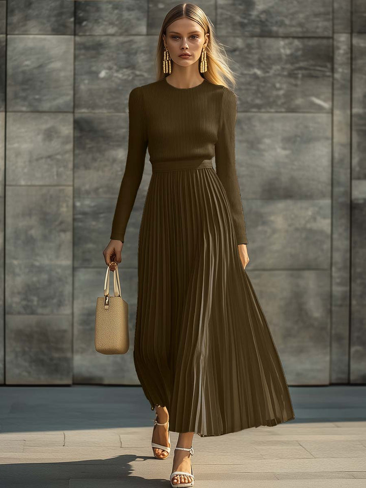 Cream Knit Maxi Dress – Long Sleeve, Pleated Hem