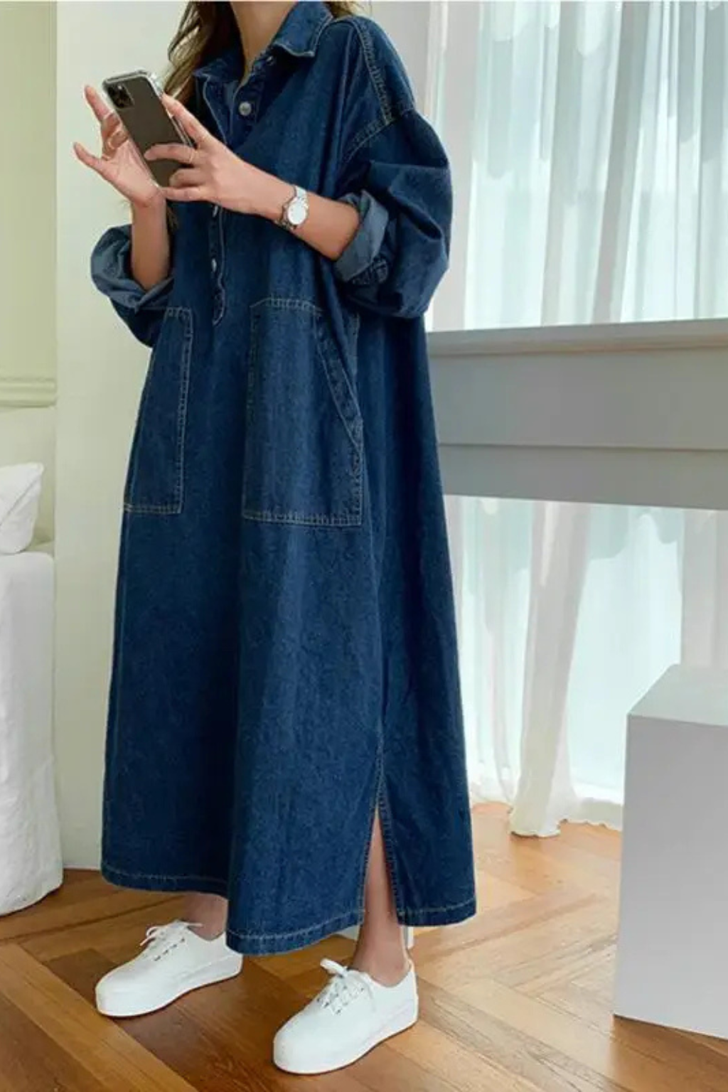 Long Sleeve Collared Denim Maxi Dress with Pockets