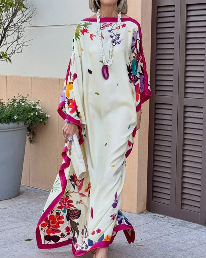 Off Shoulder Contrast Floral Print Loose Batwing Maxi Dress