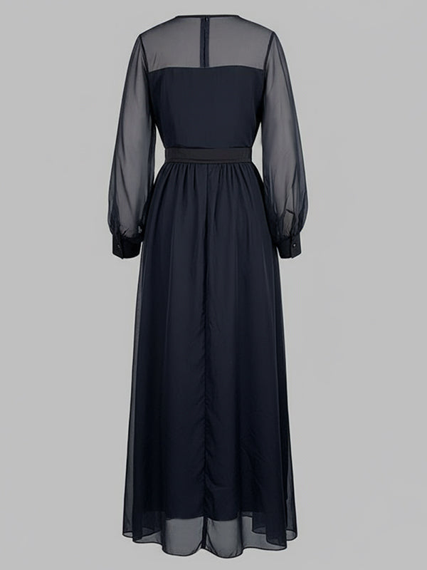 Gauze Maxi Dress – Pleated Round Neck, Layered Look