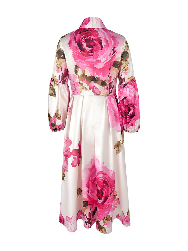 Floral Print A-Line Maxi Dress – Pleated Mock Neck