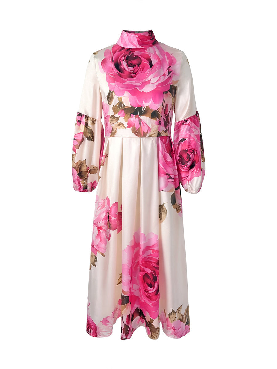 Floral Print A-Line Maxi Dress – Pleated Mock Neck