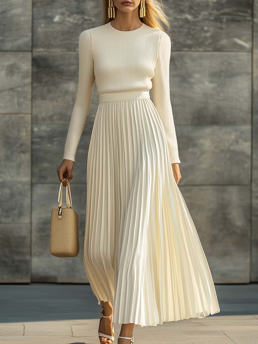 Cream Knit Maxi Dress – Long Sleeve, Pleated Hem