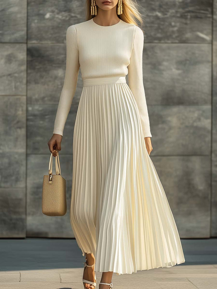 Cream Knit Maxi Dress – Long Sleeve, Pleated Hem