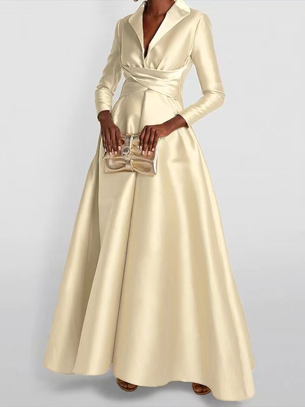 Solid Colour A-Line Maxi Dress – High-Waisted V-Neck