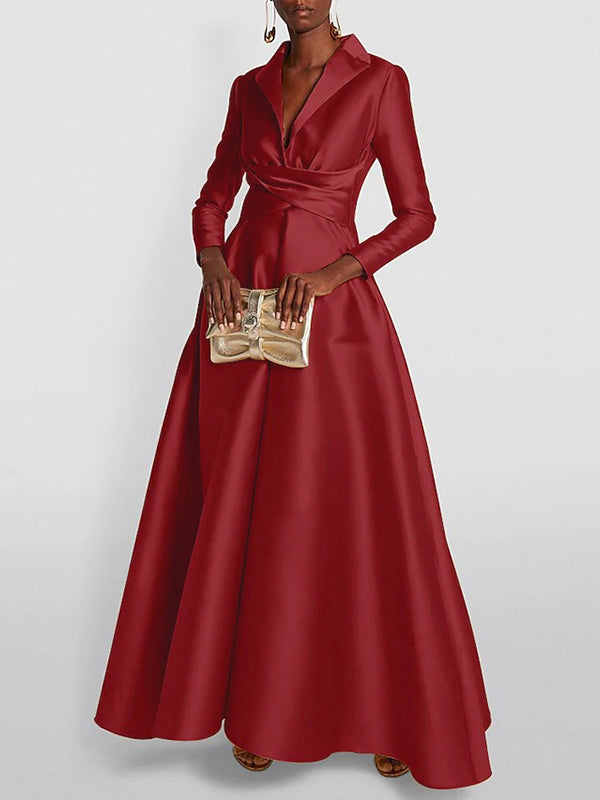 Solid Colour A-Line Maxi Dress – High-Waisted V-Neck