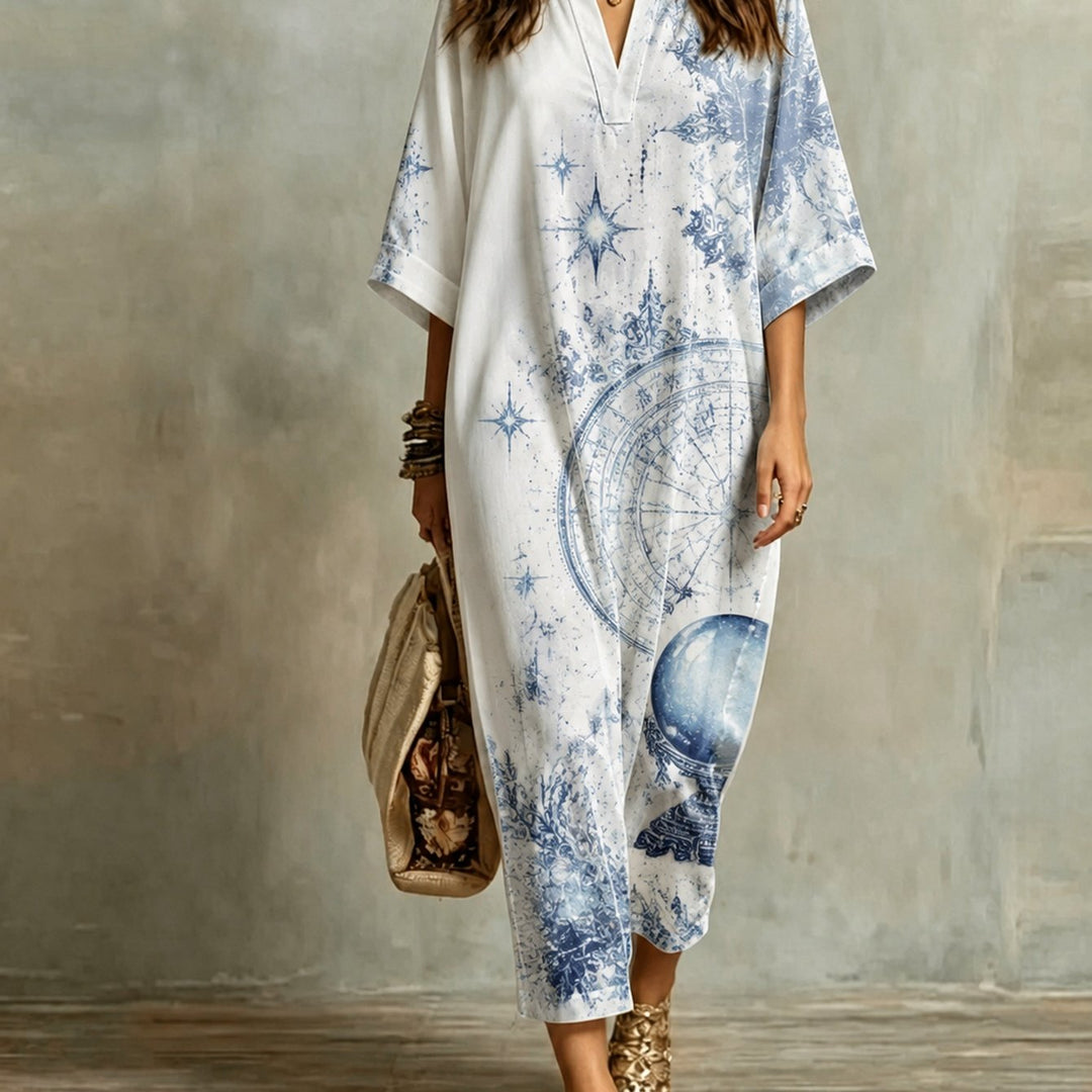 Vintage V-Neck Mid-Sleeve Star Print Maxi Dress