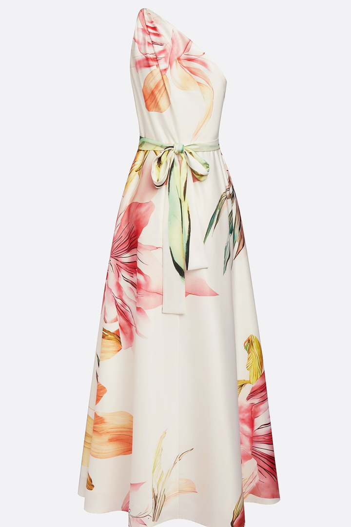 Floral Satin One-Shoulder Wedding Guest Maxi Dress