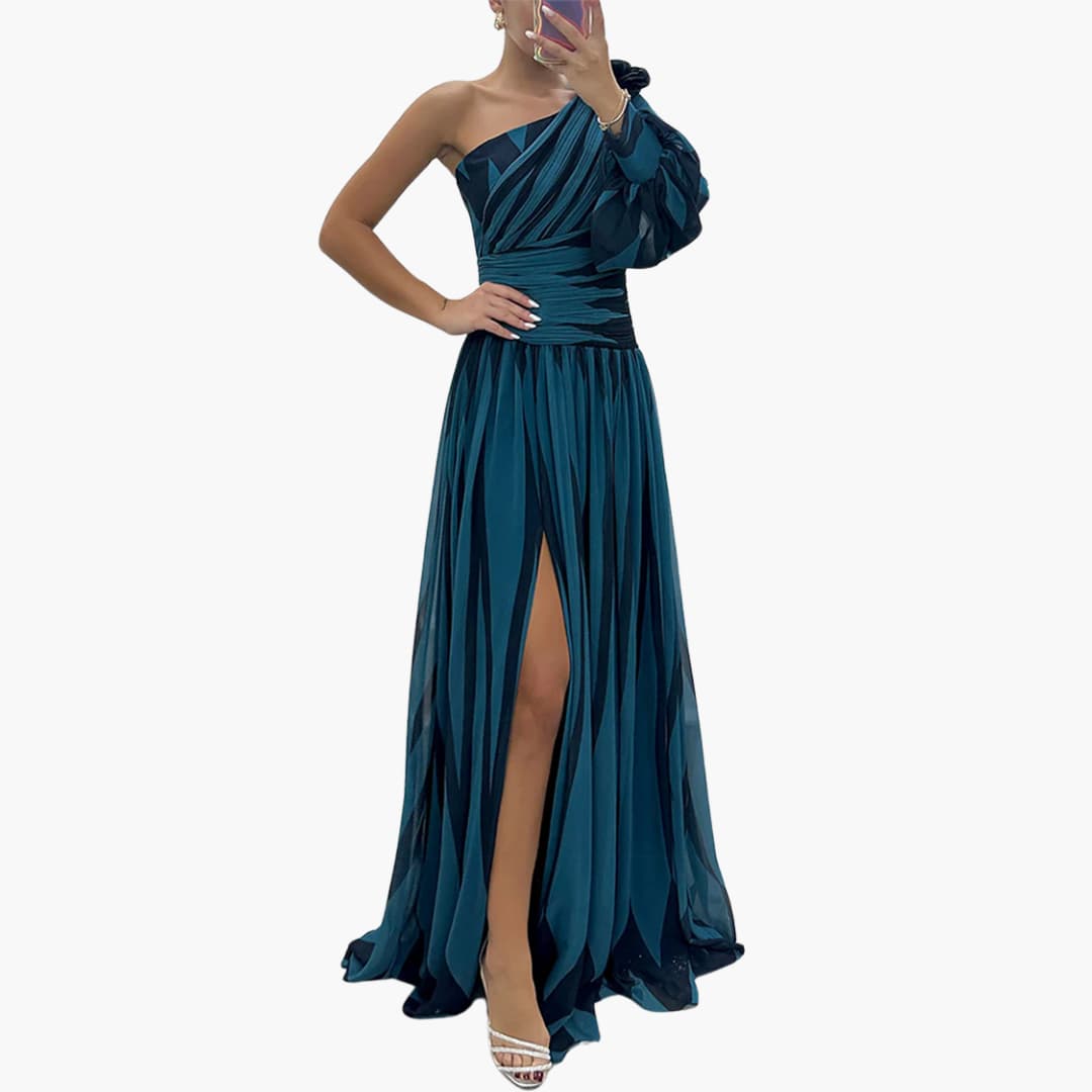 One-Shoulder Side Split Wedding Guest Maxi Dress