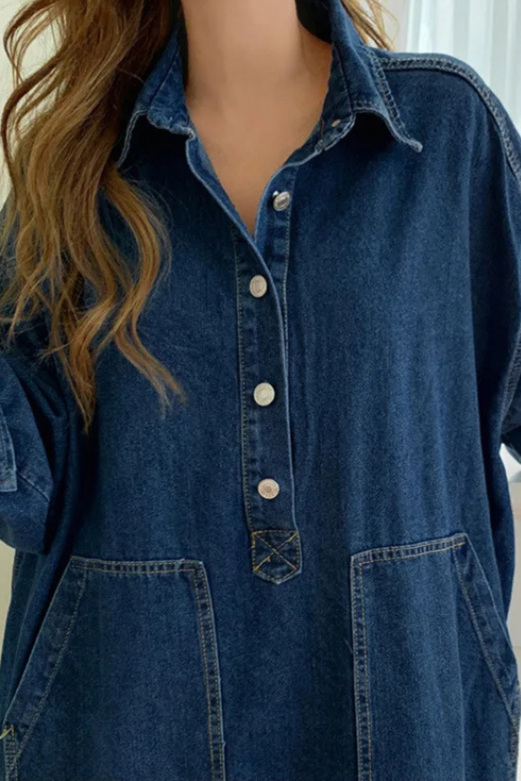 Long Sleeve Collared Denim Maxi Dress with Pockets