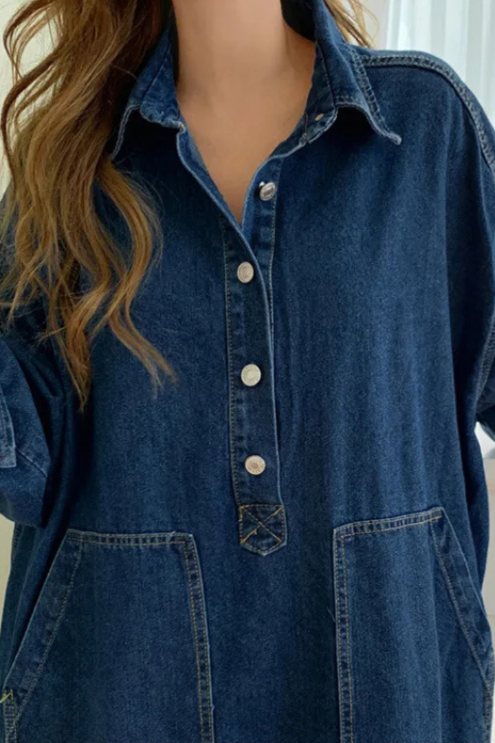 Long Sleeve Collared Denim Maxi Dress with Pockets