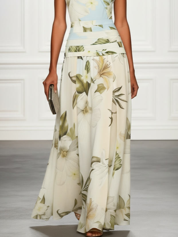 Floral Boat Neck Sleeveless Wedding Guest Maxi Dress