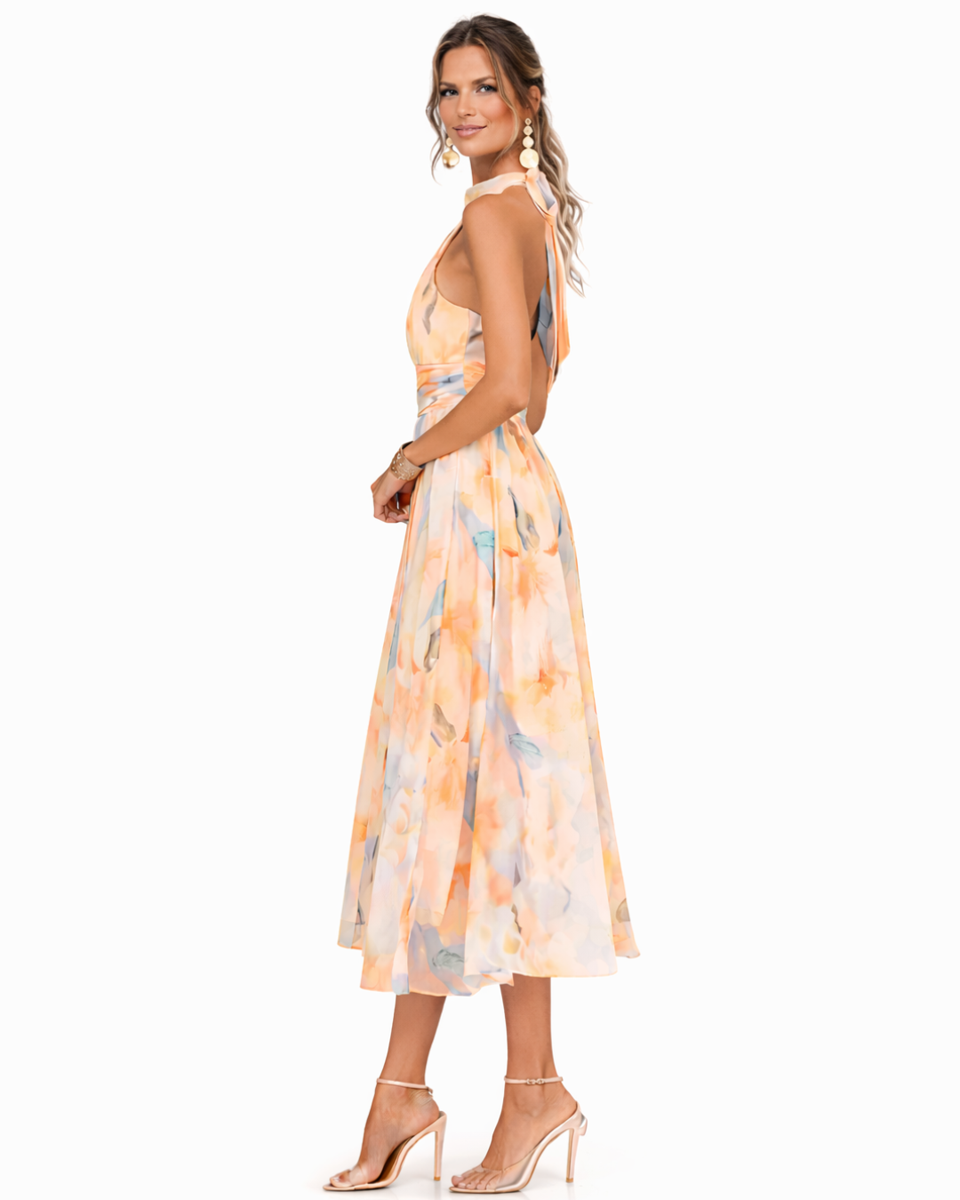 Watercolour Print Halter Neck Occasion Midi Dress