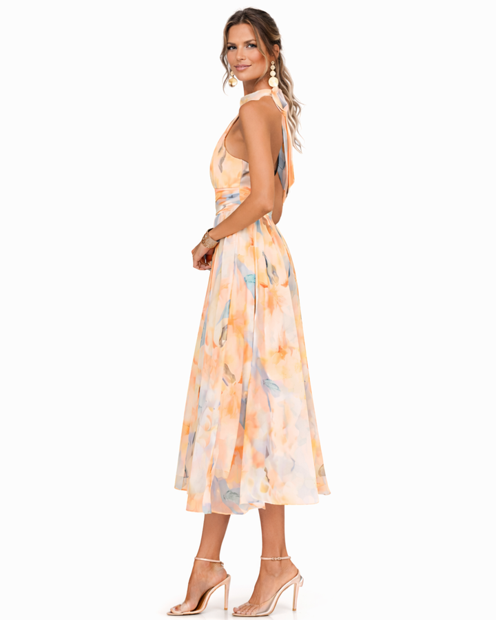 Watercolour Print Halter Neck Occasion Midi Dress