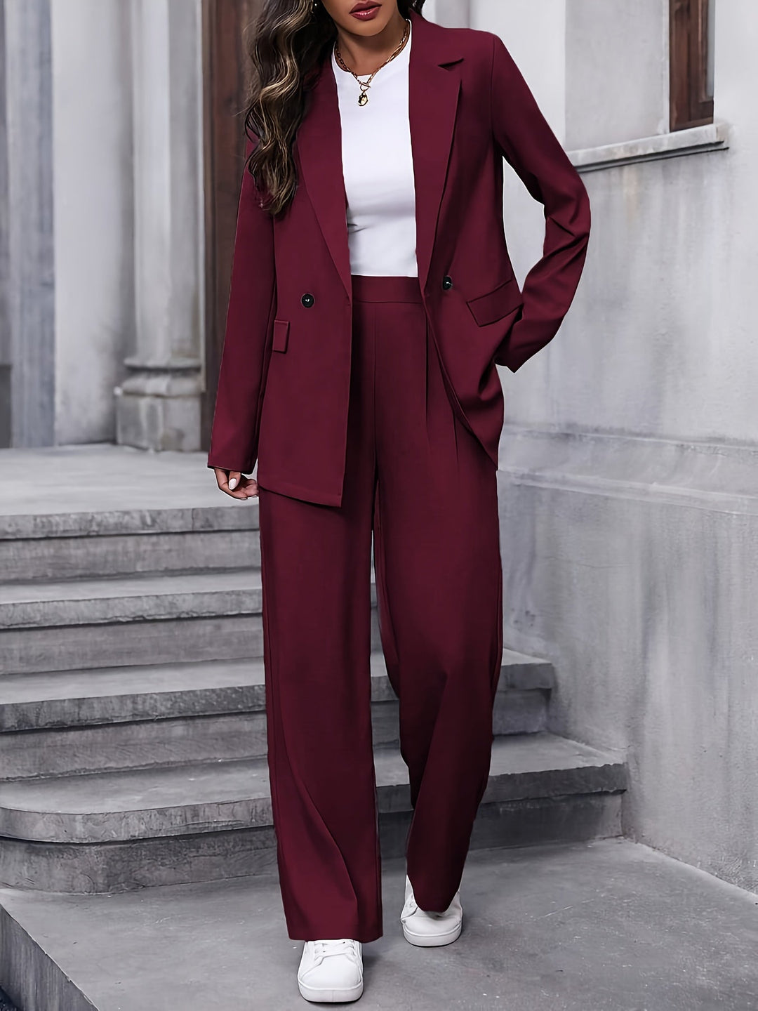 Women's Tailored Two Piece Suit Set - Double Breasted Blazer and Wide-Leg Pants