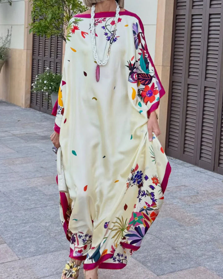 Off Shoulder Contrast Floral Print Loose Batwing Maxi Dress