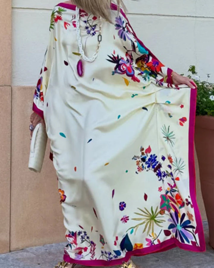 Off Shoulder Contrast Floral Print Loose Batwing Maxi Dress