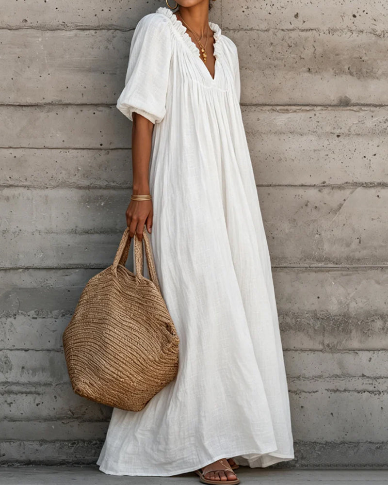 White Bubble Sleeve Full Skirt Maxi Dress