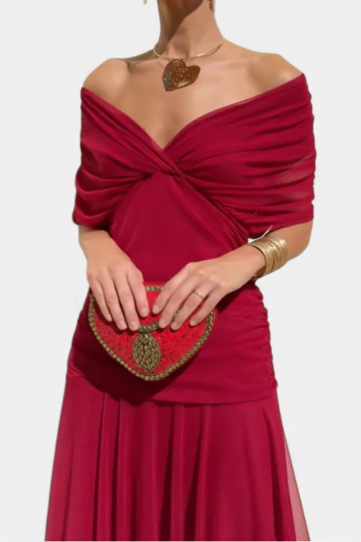 Off-Shoulder Pleated Wedding Guest Summer Dress