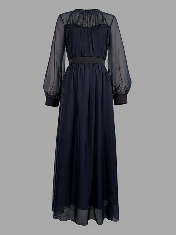 Gauze Maxi Dress – Pleated Round Neck, Layered Look