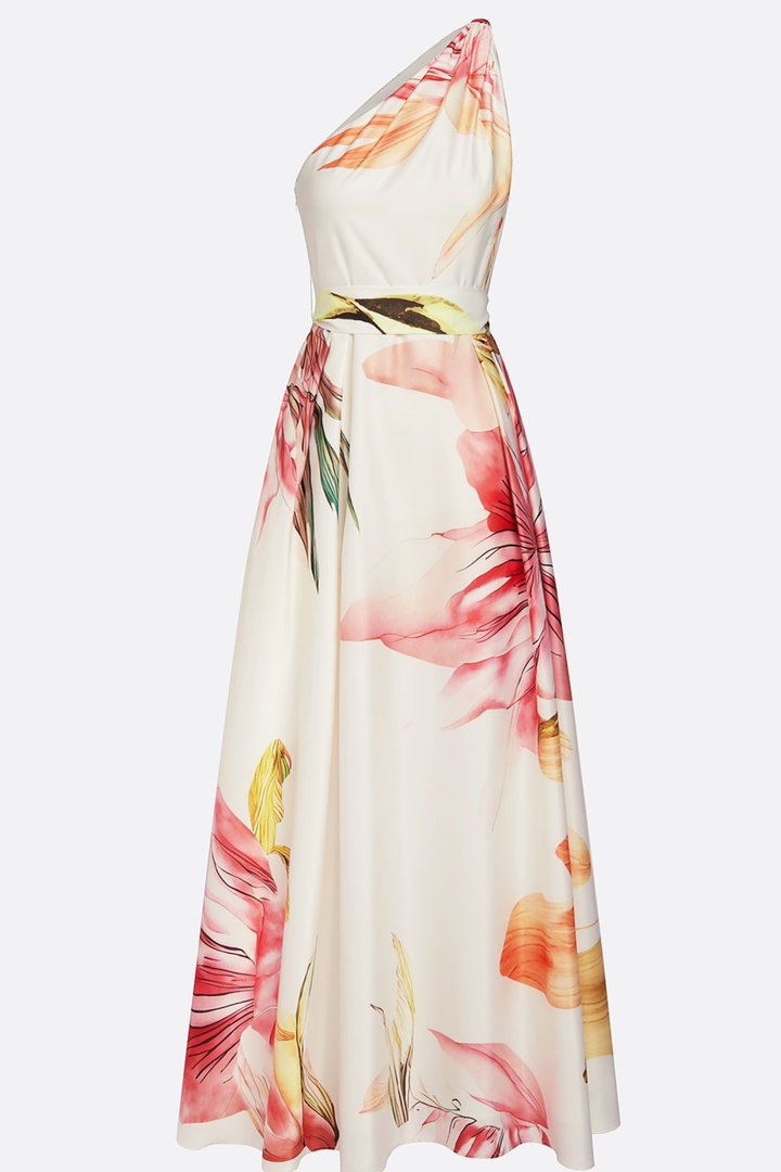Floral Satin One-Shoulder Wedding Guest Maxi Dress