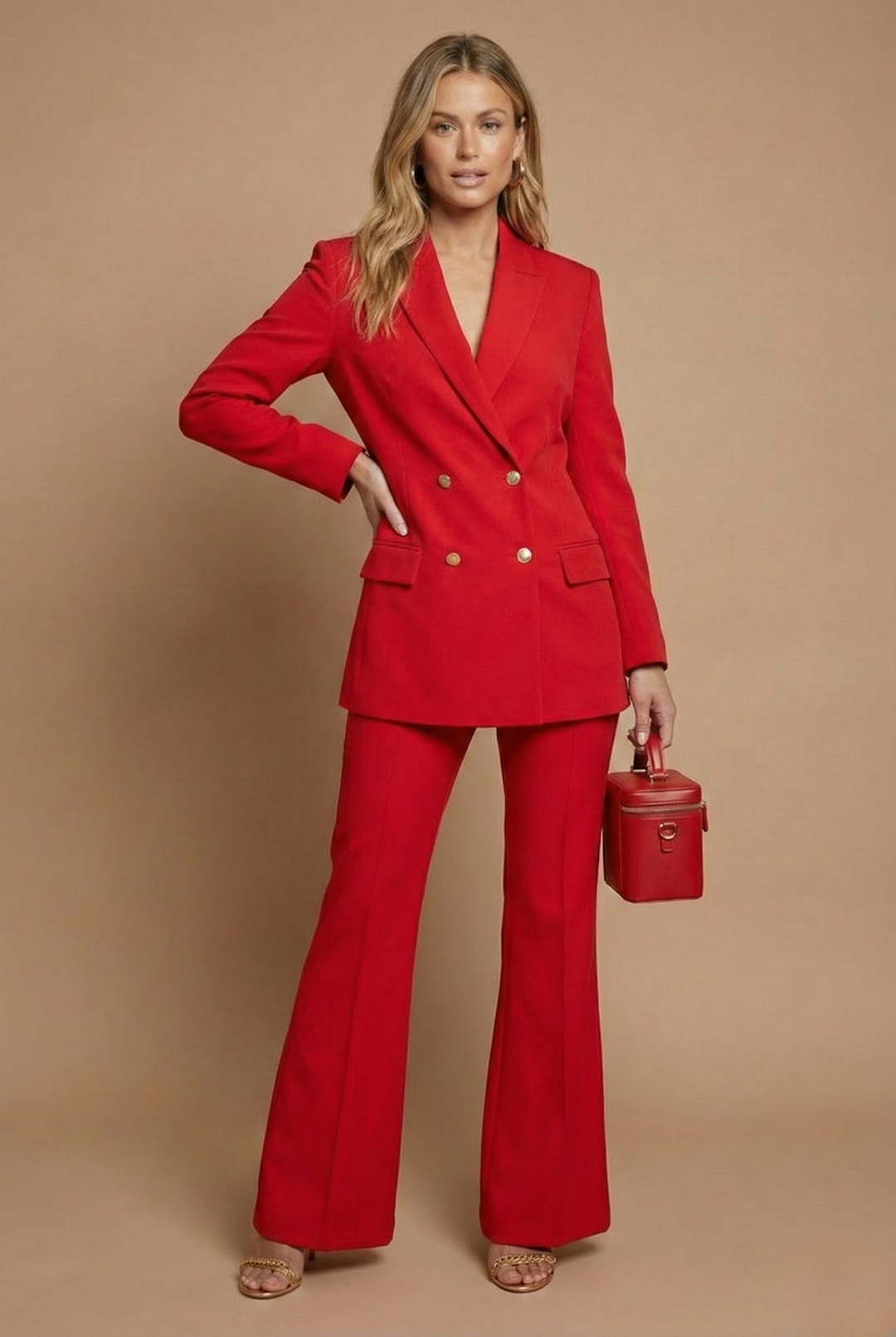 Women's Pant Suits - Double-Breasted Blazer - Flared Trousers Set