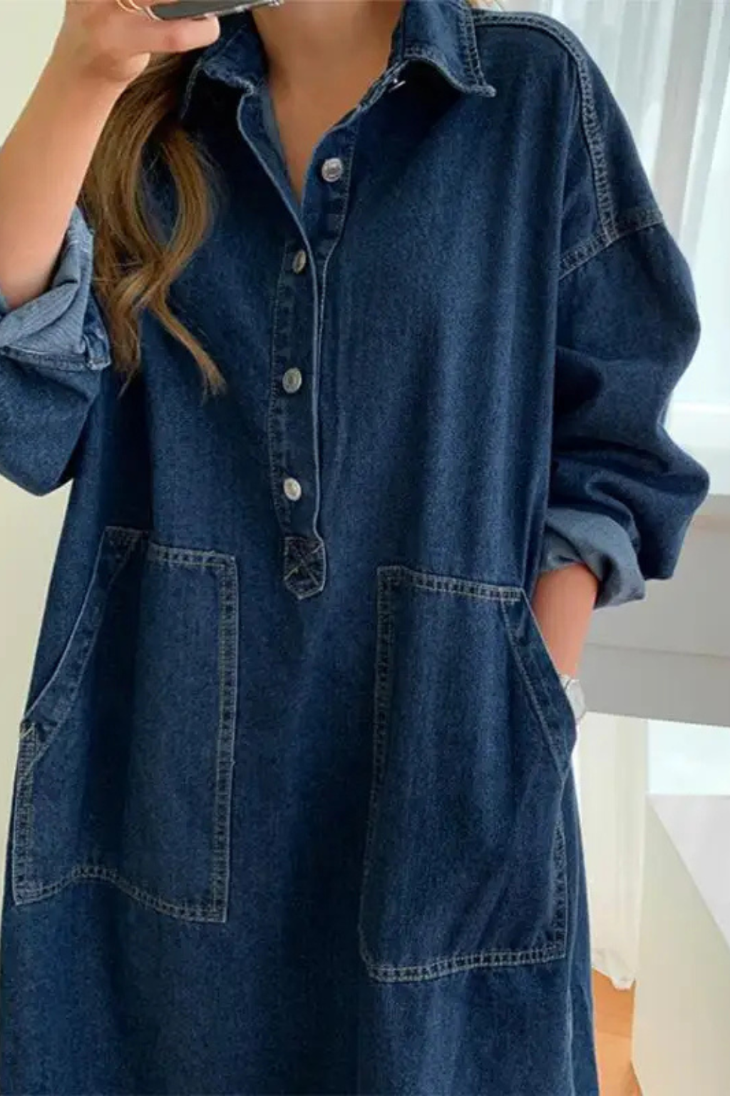 Oversized Collared Denim Maxi Dress with Pockets