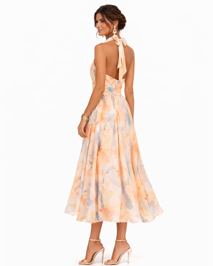 Watercolour Print Halter Neck Occasion Midi Dress