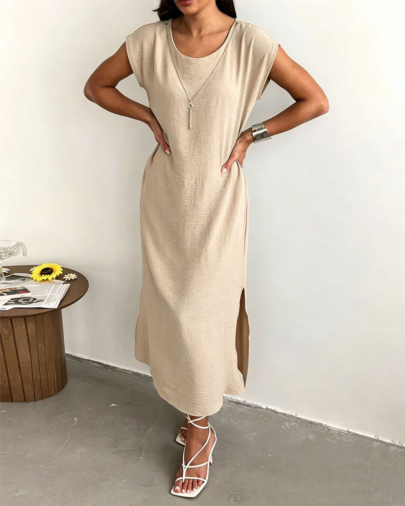 Solid Round Neck Short Sleeve Slit Loose Maxi Dress