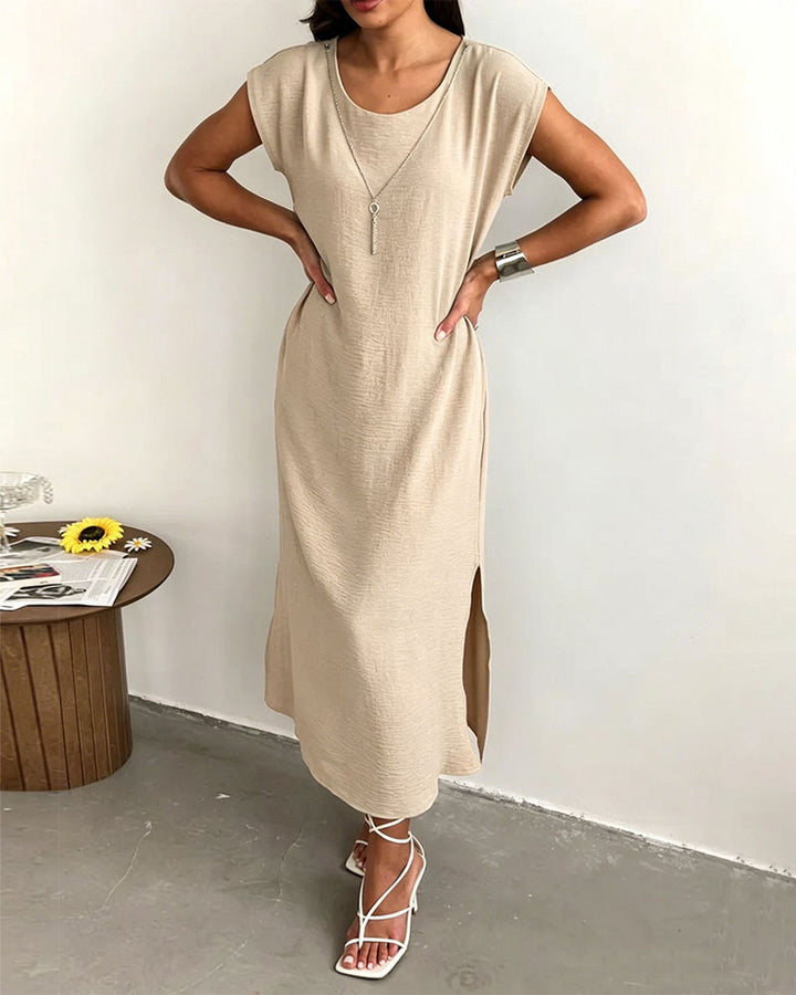 Solid Round Neck Short Sleeve Slit Loose Maxi Dress