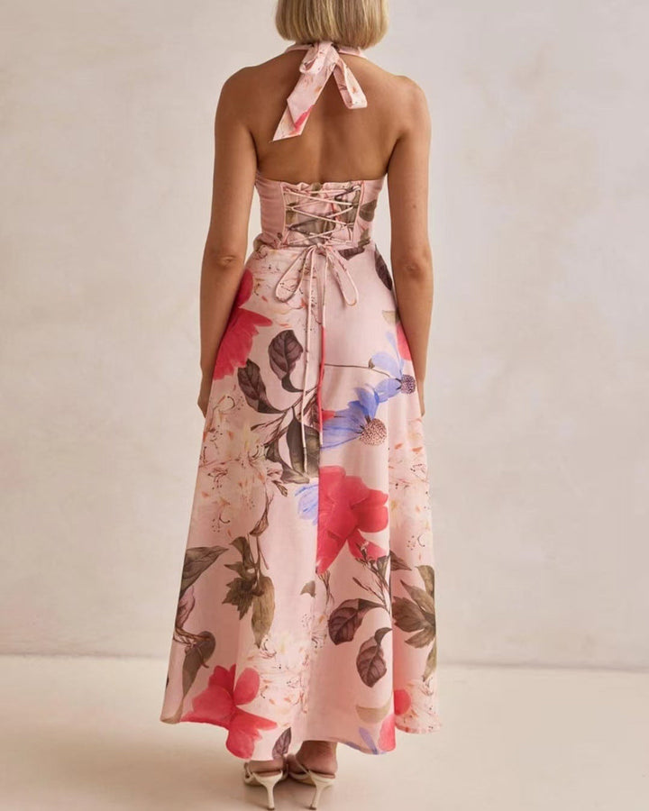 Floral Backless Halter Maxi Dress