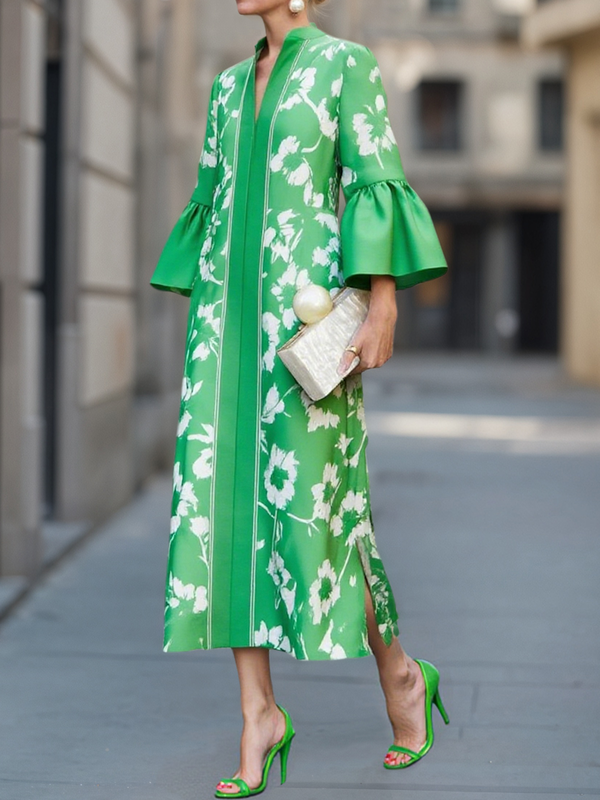 Floral Print Pleated Maxi Dress – Flared Sleeve V-Neck