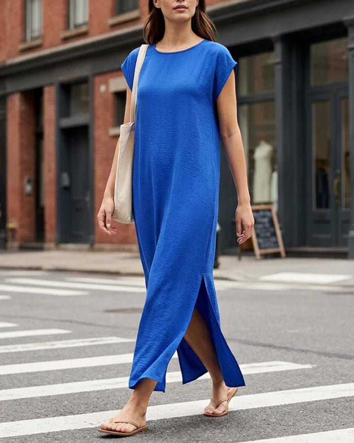 Solid Round Neck Short Sleeve Slit Loose Maxi Dress