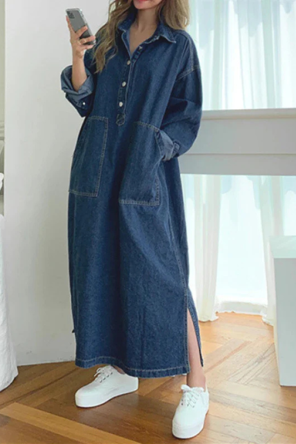 Long Sleeve Collared Denim Maxi Dress with Pockets